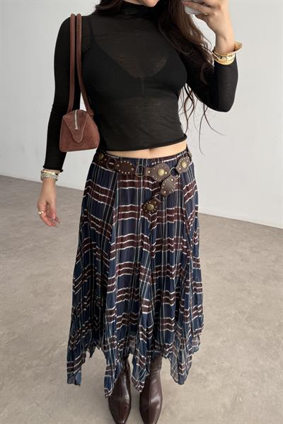 Ekose  Şifon Parçalı Etek Mavi