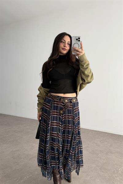 Ekose  Şifon Parçalı Etek Mavi