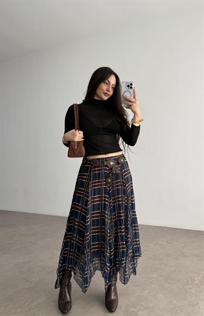 Ekose  Şifon Parçalı Etek Mavi