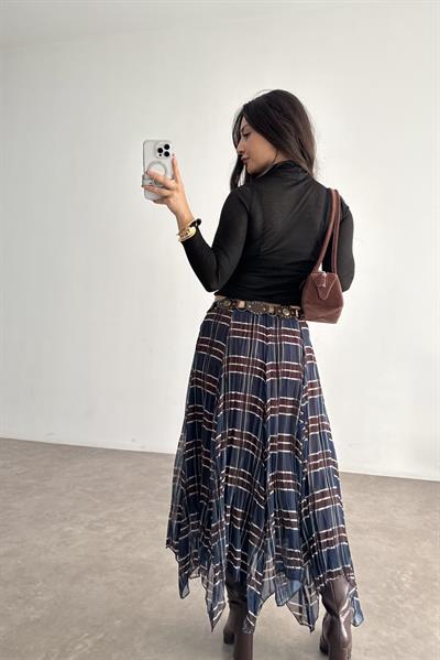 Ekose  Şifon Parçalı Etek Mavi