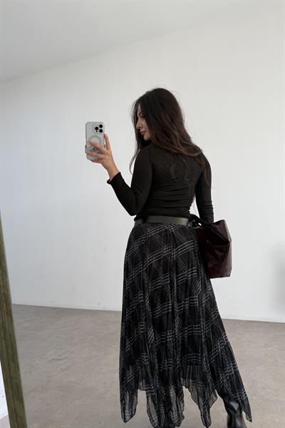 Ekose  Şifon Parçalı Etek Siyah