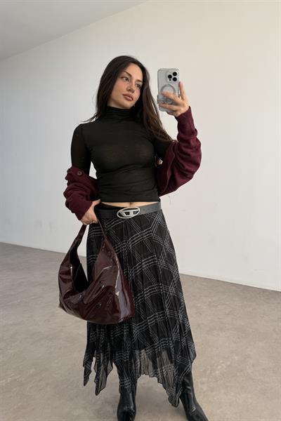 Ekose  Şifon Parçalı Etek Siyah