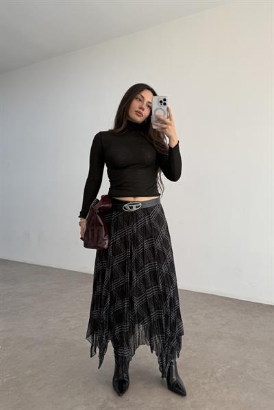 Ekose  Şifon Parçalı Etek Siyah