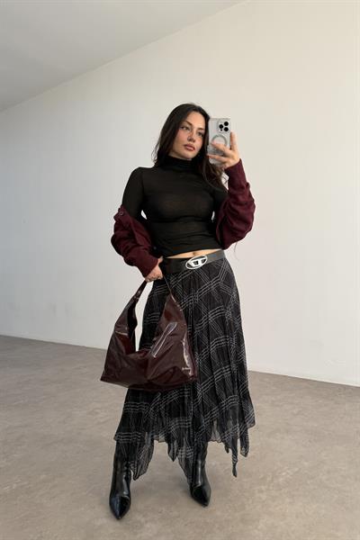 Ekose  Şifon Parçalı Etek Siyah