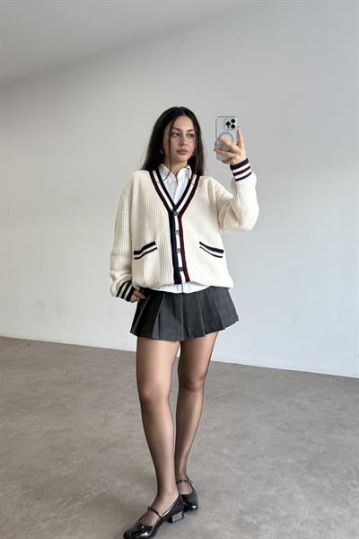 Ekru Bordo Çizgili Cep Detaylı Hırka