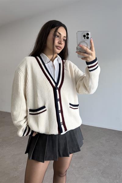 Ekru Bordo Çizgili Cep Detaylı Hırka