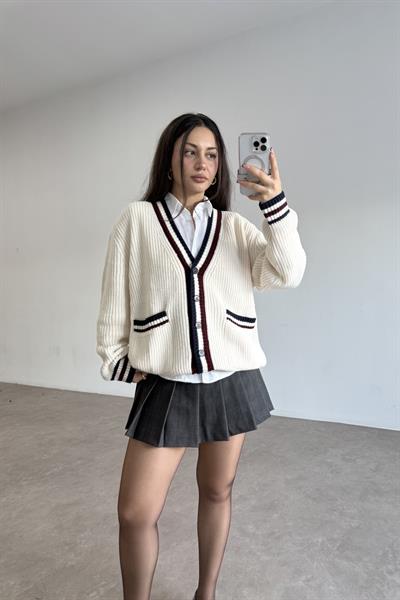 Ekru Bordo Çizgili Cep Detaylı Hırka