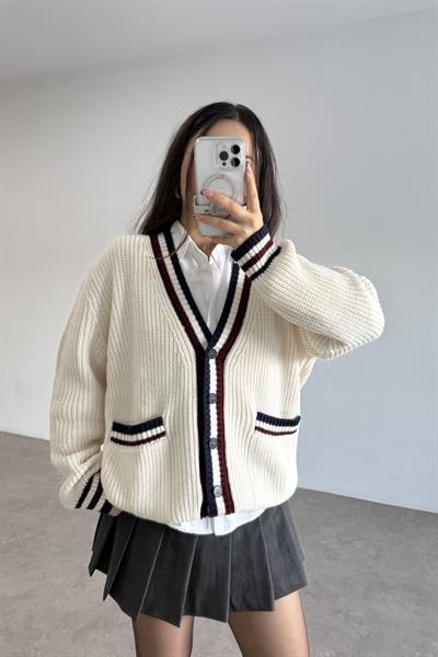 Ekru Bordo Çizgili Cep Detaylı Hırka