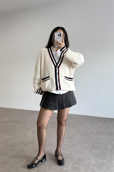 Ekru Bordo Çizgili Cep Detaylı Hırka