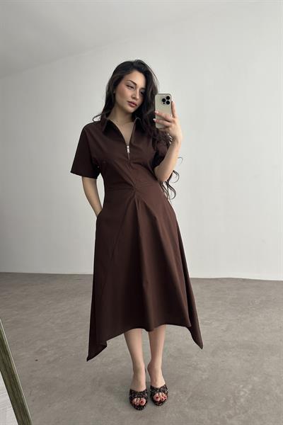 Eteği V Kesim Fermuarlı Kahve Midi Elbise 