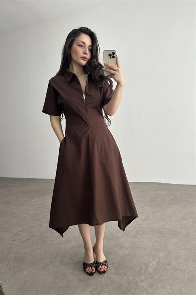 Eteği V Kesim Fermuarlı Kahve Midi Elbise 