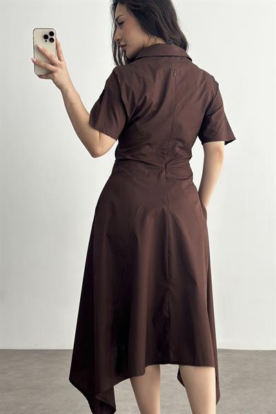 Eteği V Kesim Fermuarlı Kahve Midi Elbise 