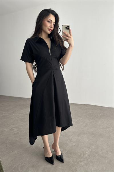 Eteği V Kesim Fermuarlı Siyah Midi Elbise 