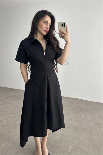 Eteği V Kesim Fermuarlı Siyah Midi Elbise 