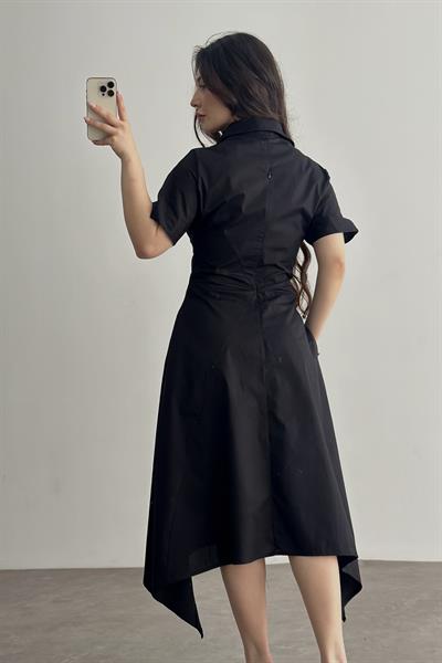 Eteği V Kesim Fermuarlı Siyah Midi Elbise 