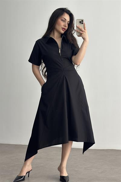 Eteği V Kesim Fermuarlı Siyah Midi Elbise 