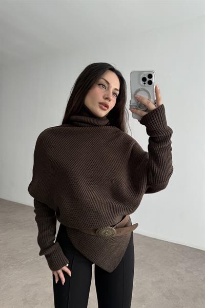 Eteği V Kesimli Boğazlı Acı Kahve Kazak