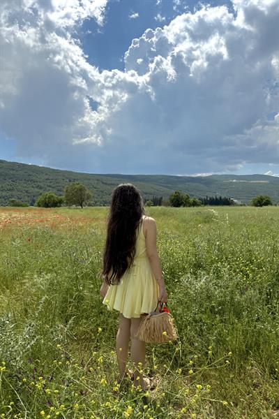 Eteği Volanlı Kuşaklı Elbise Sarı