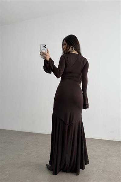Eva Kolları Volanlı Kahve Elbise