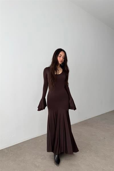 Eva Kolları Volanlı Kahve Elbise