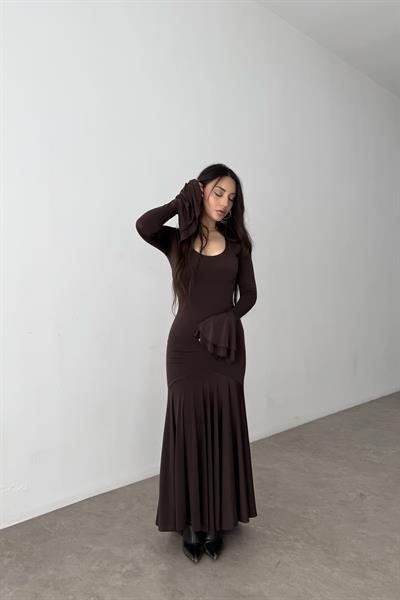 Eva Kolları Volanlı Kahve Elbise