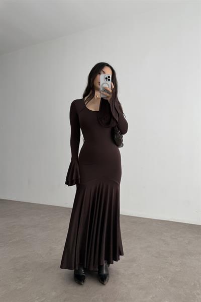 Eva Kolları Volanlı Kahve Elbise