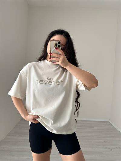 Ferever Logolu Ekru Dik Yaka Tişört