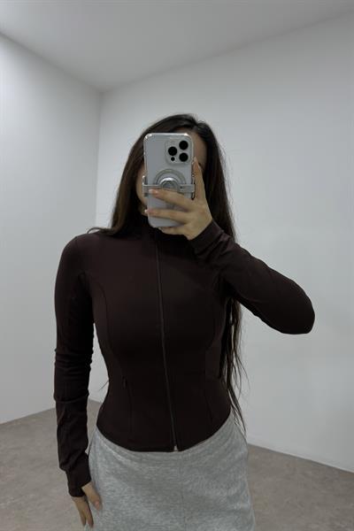 Fermuar Cepli Fermuarlı Dik Yakalı Acı Kahve Spor Ceket