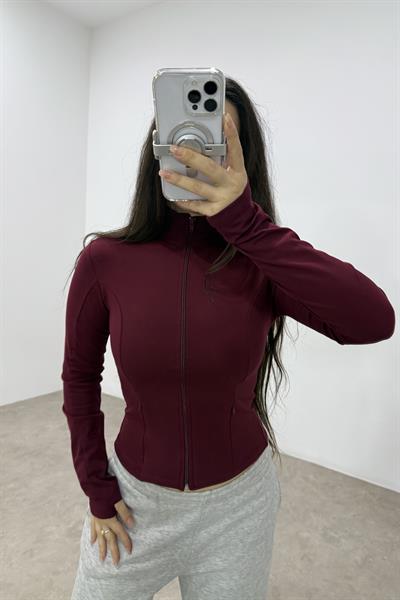 Fermuar Cepli Fermuarlı Dik Yakalı Bordo Spor Ceket