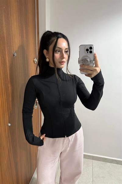 Fermuar Cepli Fermuarlı Dik Yakalı Siyah Spor Ceket