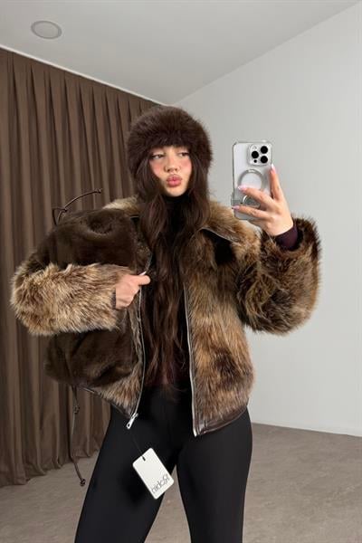 Premium İthal Fermuarlı Kahve Kırçıllı Deri Detay Kürk