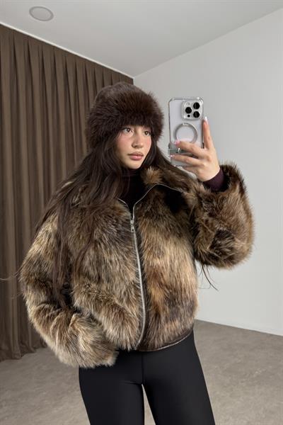 Premium İthal Fermuarlı Kahve Kırçıllı Deri Detay Kürk