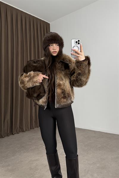 Premium İthal Fermuarlı Kahve Kırçıllı Deri Detay Kürk