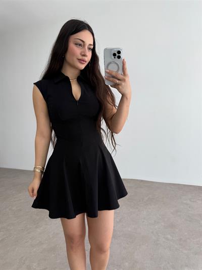 Fermuarlı Kloş Etekli Yakalı Mini Elbise