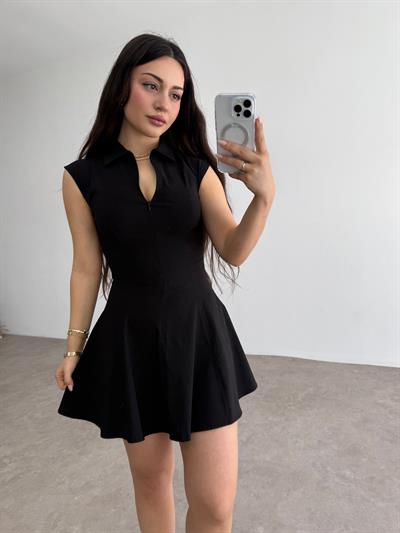 Fermuarlı Kloş Etekli Yakalı Mini Elbise
