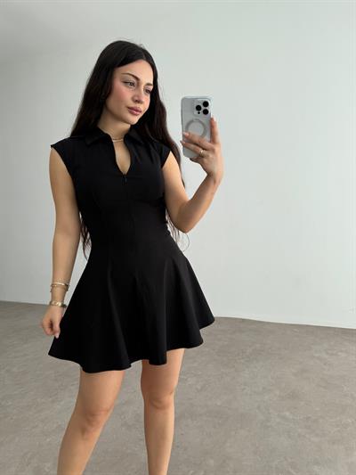 Fermuarlı Kloş Etekli Yakalı Mini Elbise