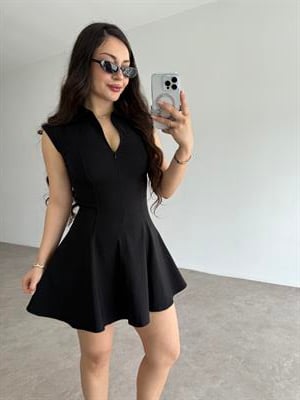 Fermuarlı Kloş Etekli Yakalı Mini Elbise