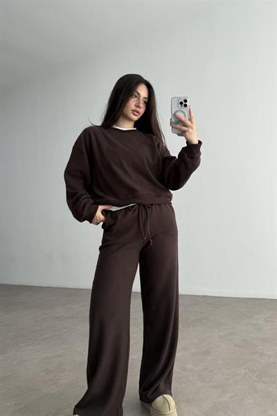 Fitilli Dokulu Kahve Eşofman Takımı