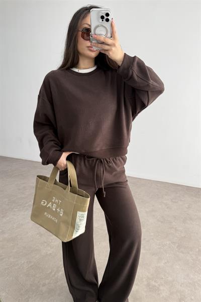 Fitilli Dokulu Kahve Eşofman Takımı