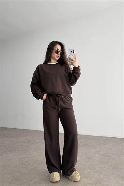 Fitilli Dokulu Kahve Eşofman Takımı