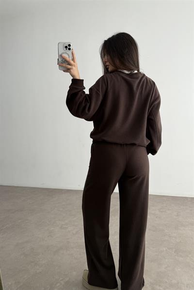 Fitilli Dokulu Kahve Eşofman Takımı