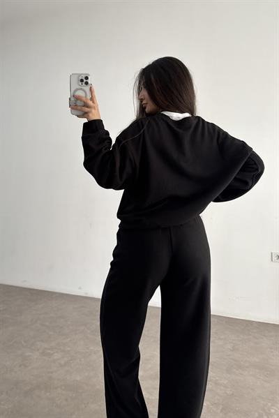 Fitilli Dokulu Siyah Eşofman Takımı