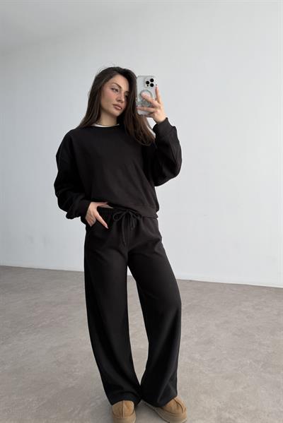 Fitilli Dokulu Siyah Eşofman Takımı