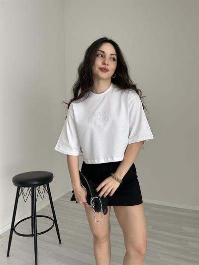 F/MM Deri Logolu Beyaz Tişört