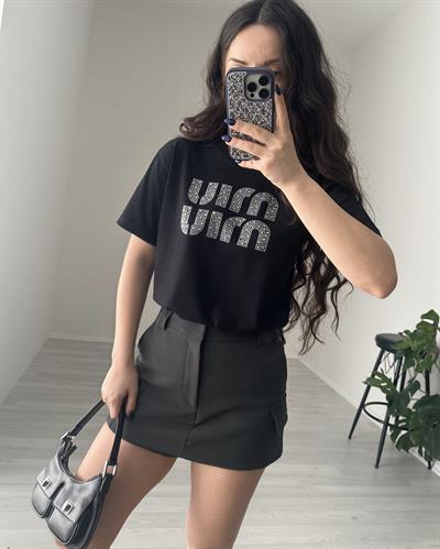 F/MM Taşlı Logolu Siyah Tişört