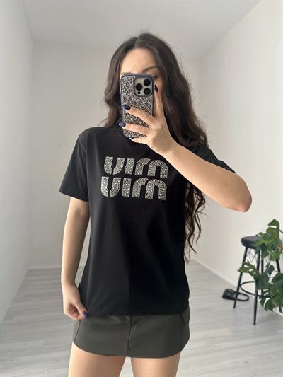 F/MM Taşlı Logolu Siyah Tişört