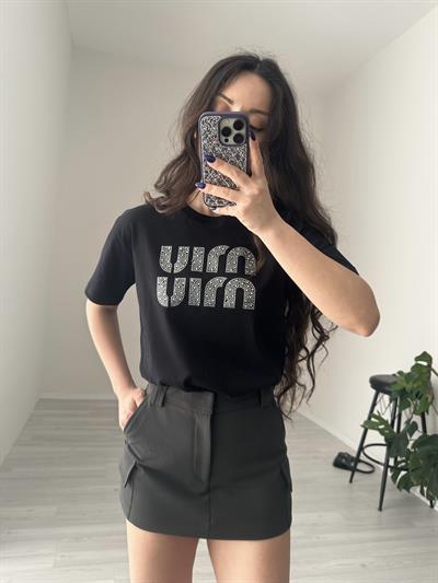 F/MM Taşlı Logolu Siyah Tişört