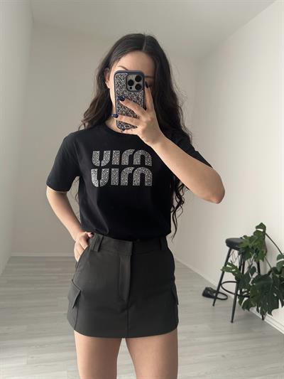 F/MM Taşlı Logolu Siyah Tişört