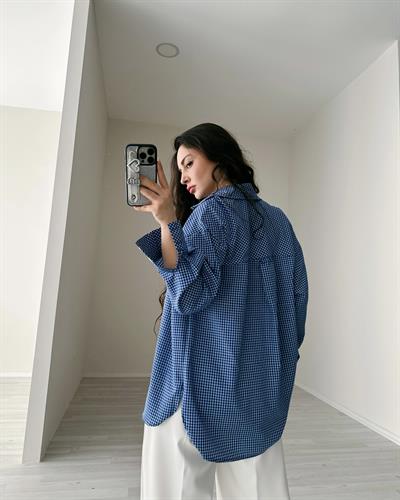 F/Pötikare Koyu Mavi Büstiyerli Gömlek