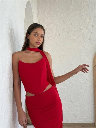 Fular Detaylı Etek Üst Takım Kırmızı